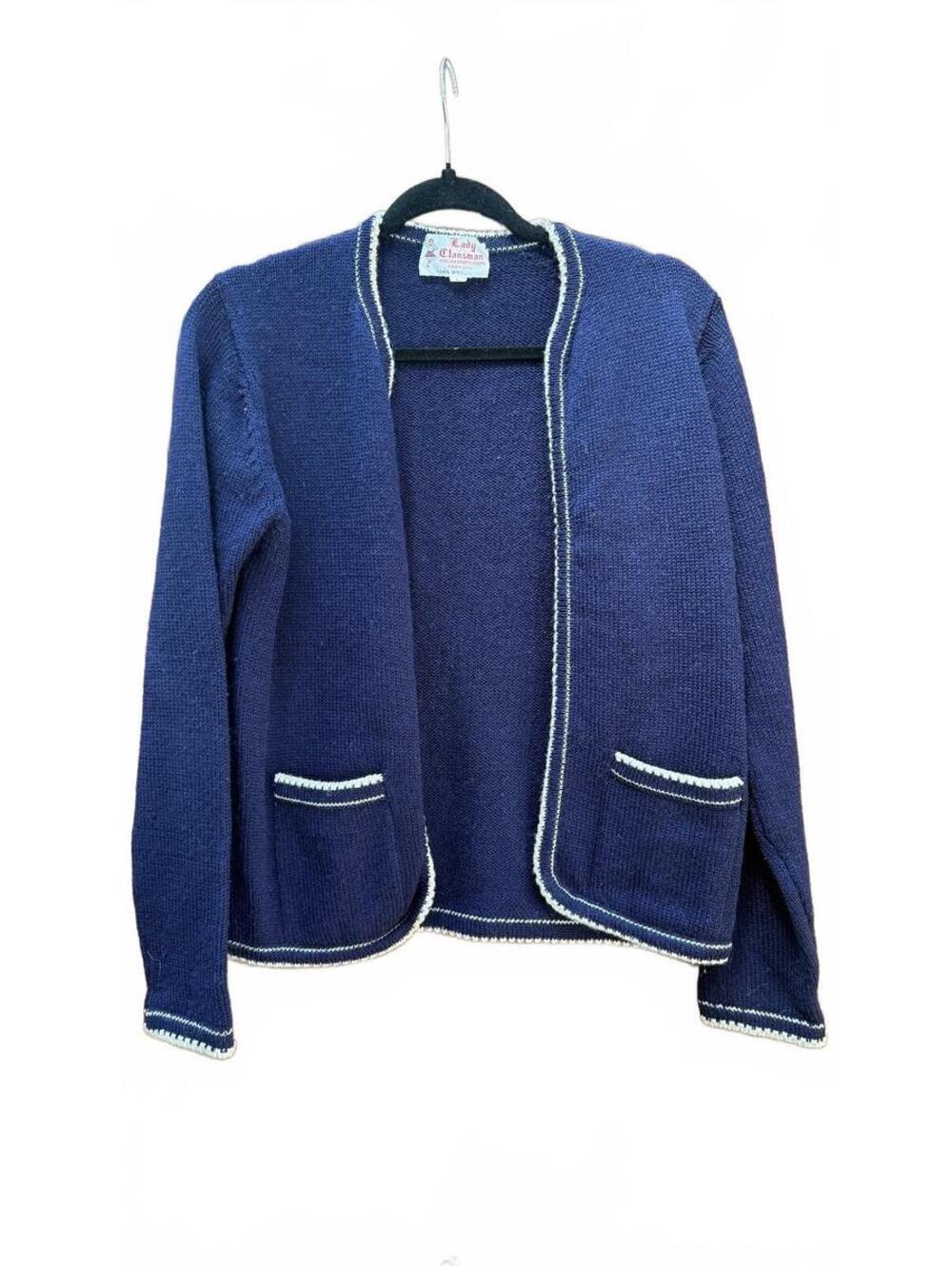 Vintage Lady Clansman Bermuda 100% Wool Cardigan Sweater Navy White L Preppy